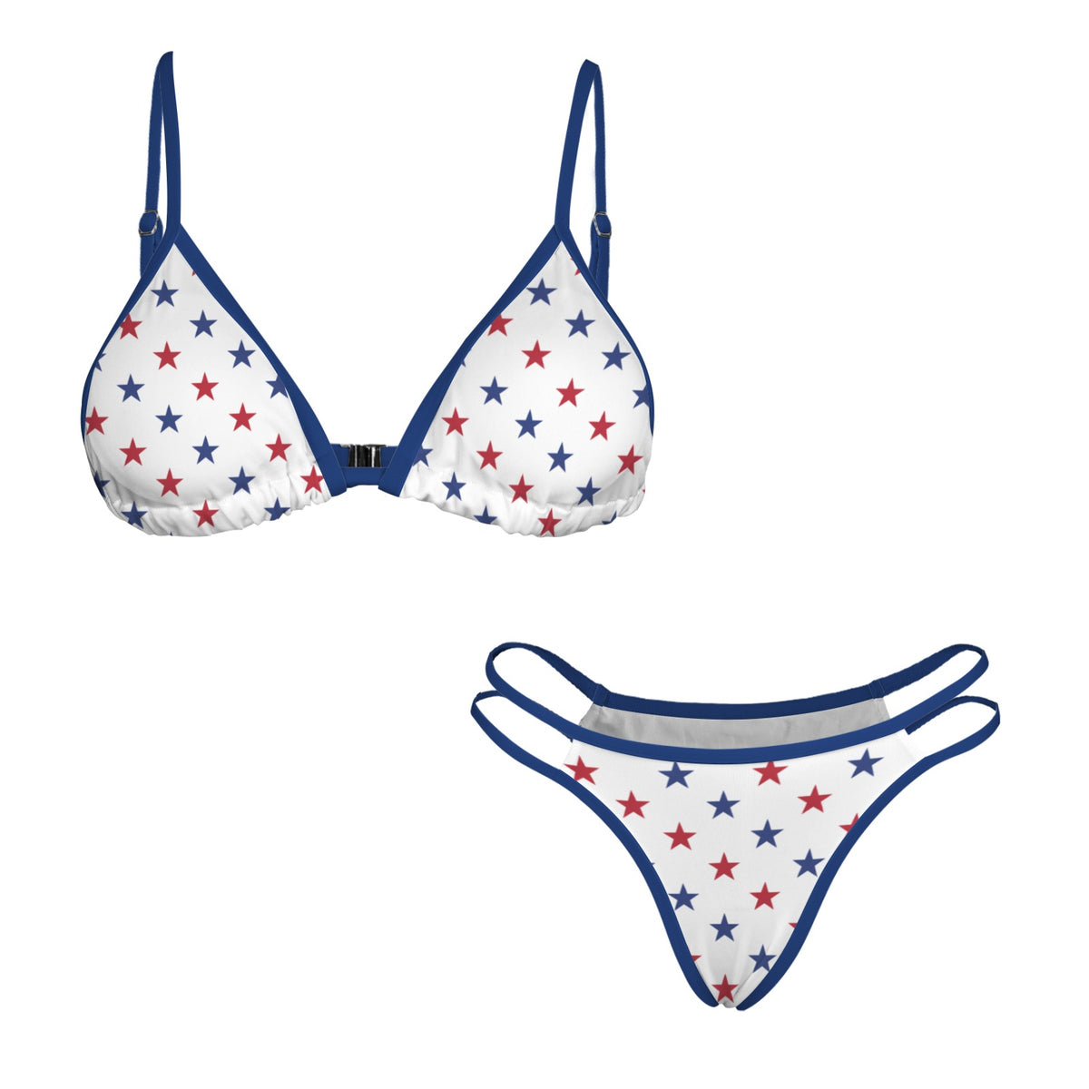 USA/American Flag Inspired Red and Blue Stars w/Blue String Double-Strap Triangle Bikini Set