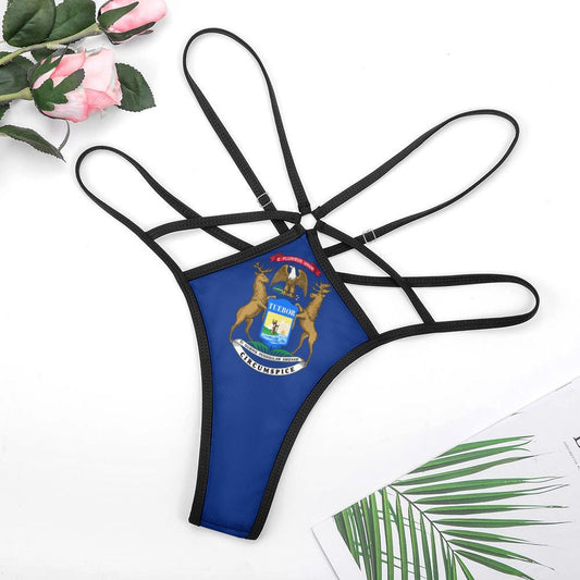 Blue [Brand] lingerie with Michigan emblem, flowers, and pamphlet.