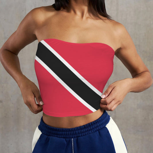 Woman wearing [Brand] flag-themed tube top and blue shorts.