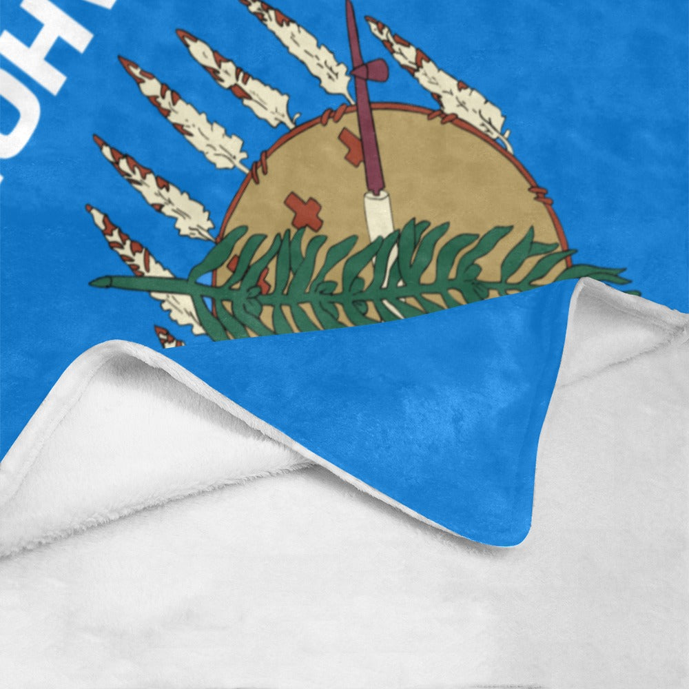 [Luv My Flag] blanket showing partial blue Oklahoma state flag.