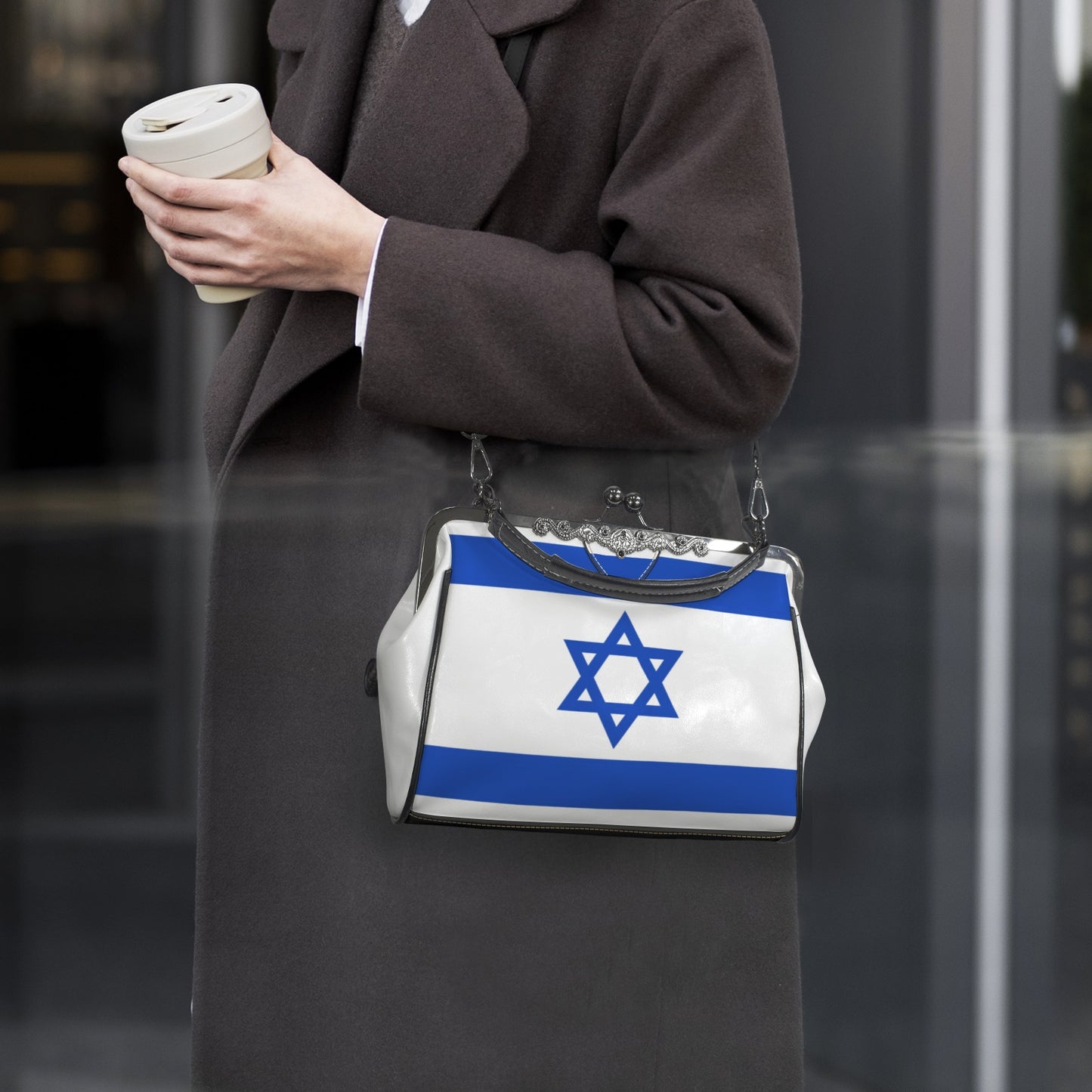 Israel Flag Inspired Kisslock Crossbody Shoulder Bag