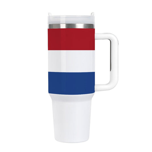 [Brand] insulated mug with red, white, blue stripes design.