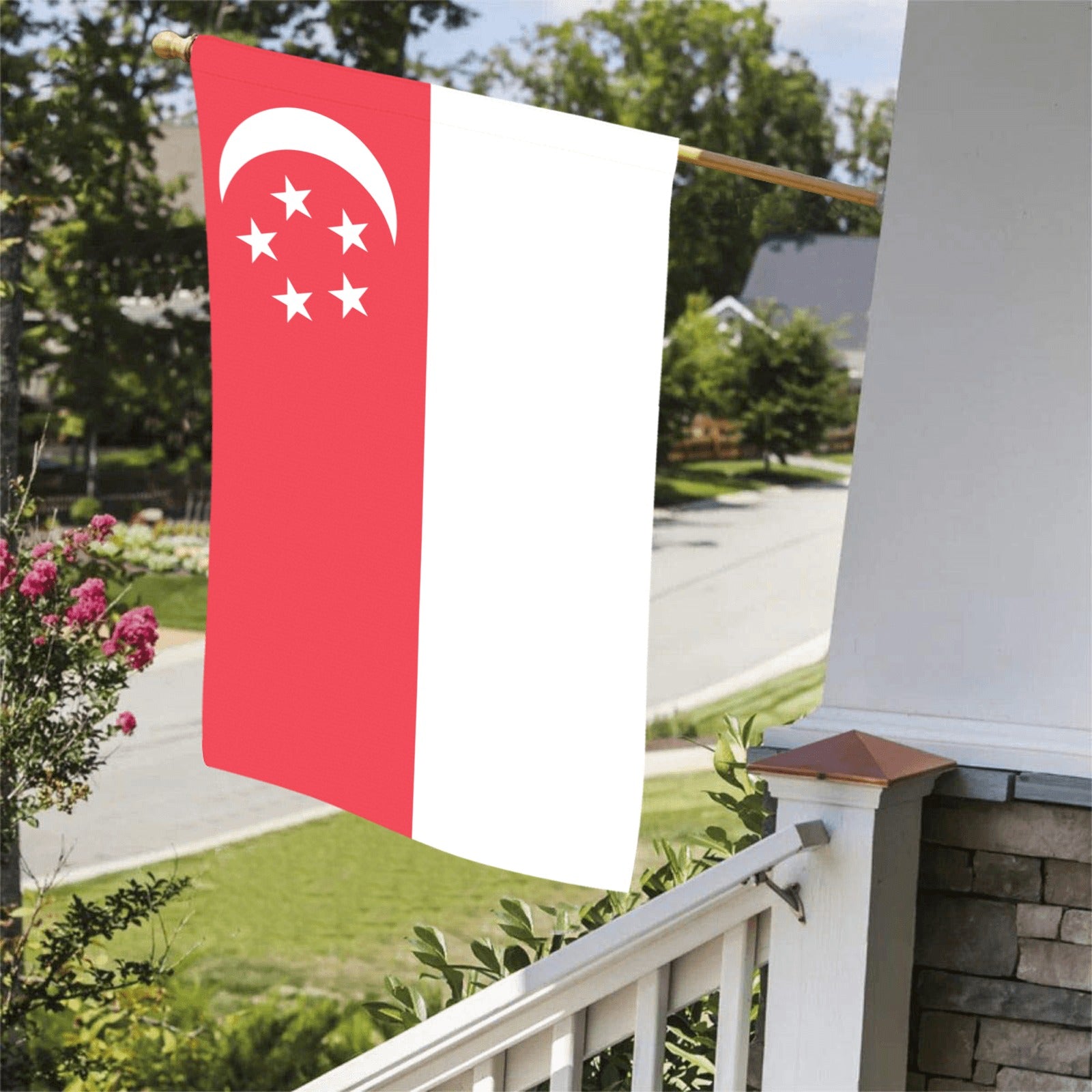 [Luv My Flag] Singapore flag displayed on porch, sunny day.