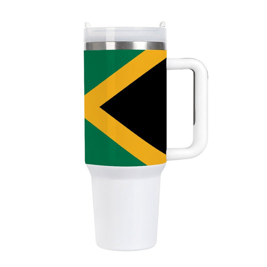 [Brand] travel mug featuring Jamaican flag design, white handle.