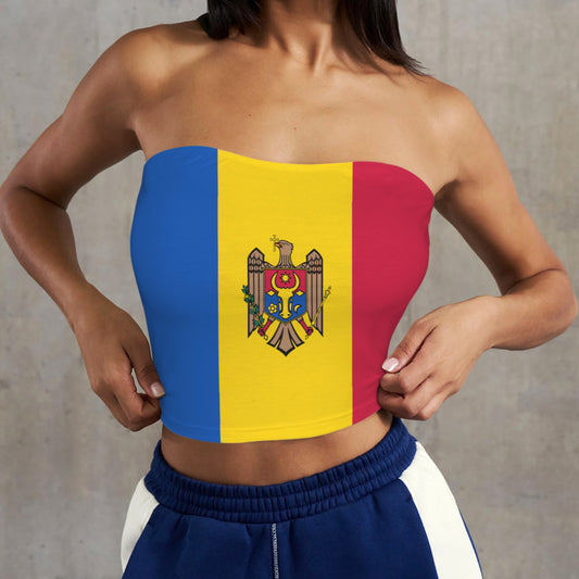 Woman wears [Brand] Moldova flag strapless top, blue pants.