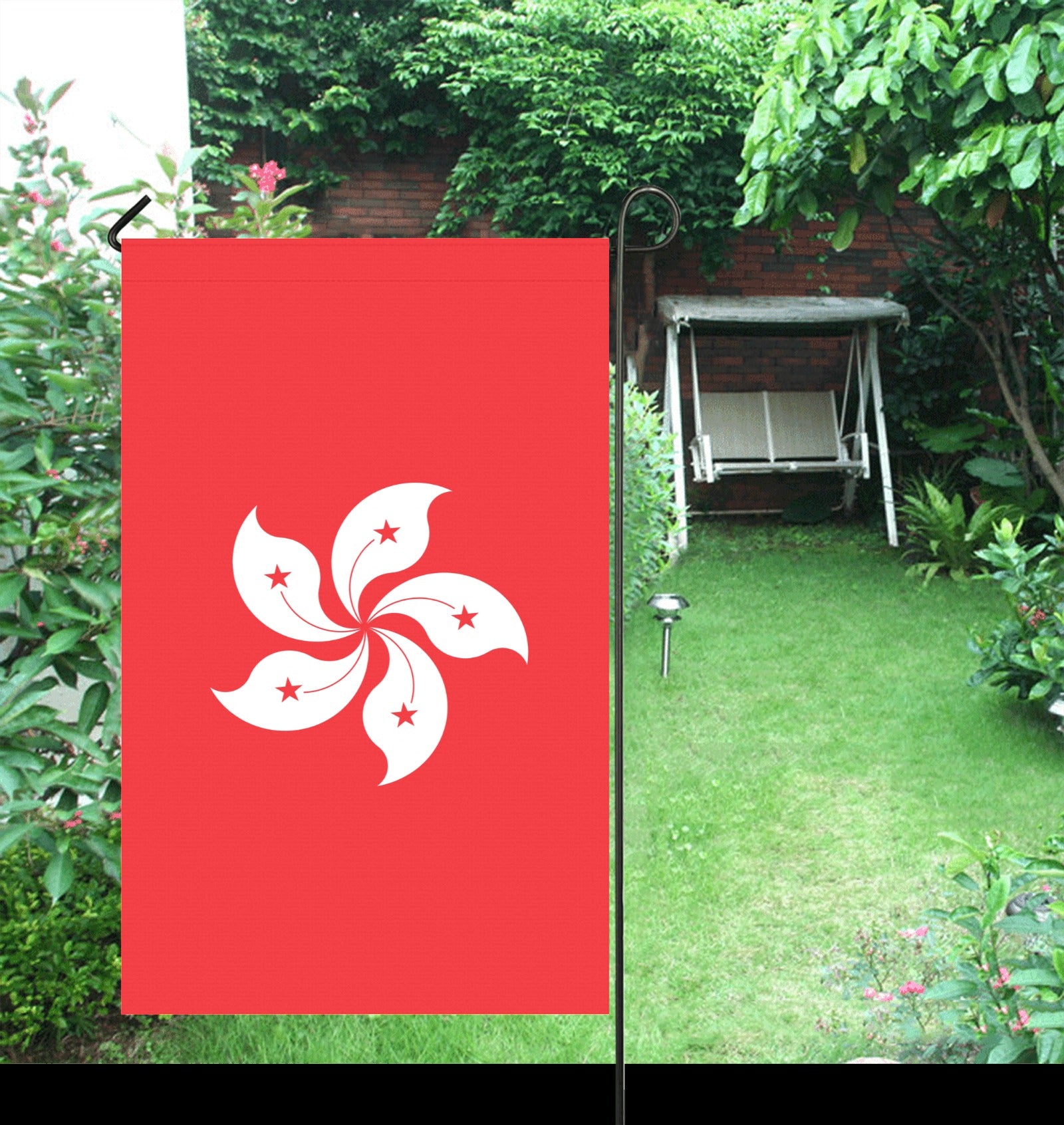 Red garden flag featuring white symbol from Luv My Flag.