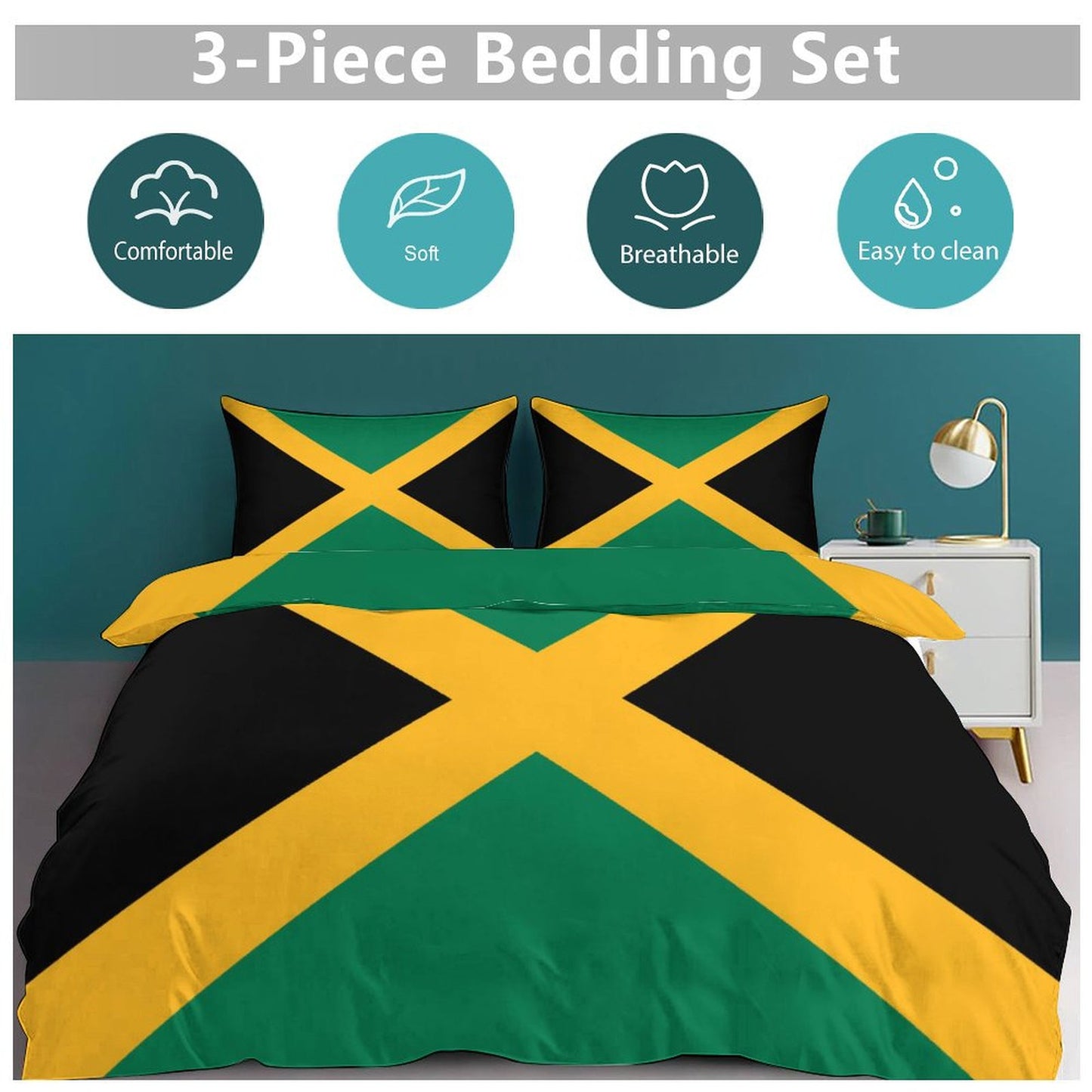 Jamaica Flag Inspired 3-Piece Bedding Set (1 Duvet Cover + 2 Pillow Shams) – 102"×90"