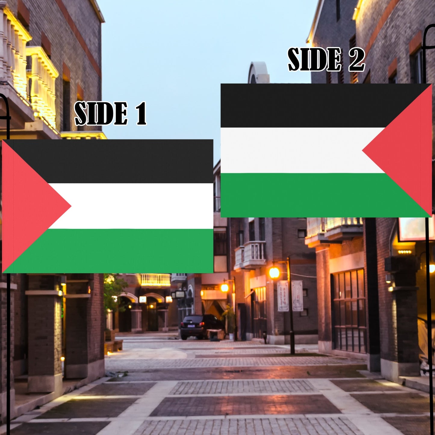 Two-sided [Luv My Flag] Palestinian flag on urban street.