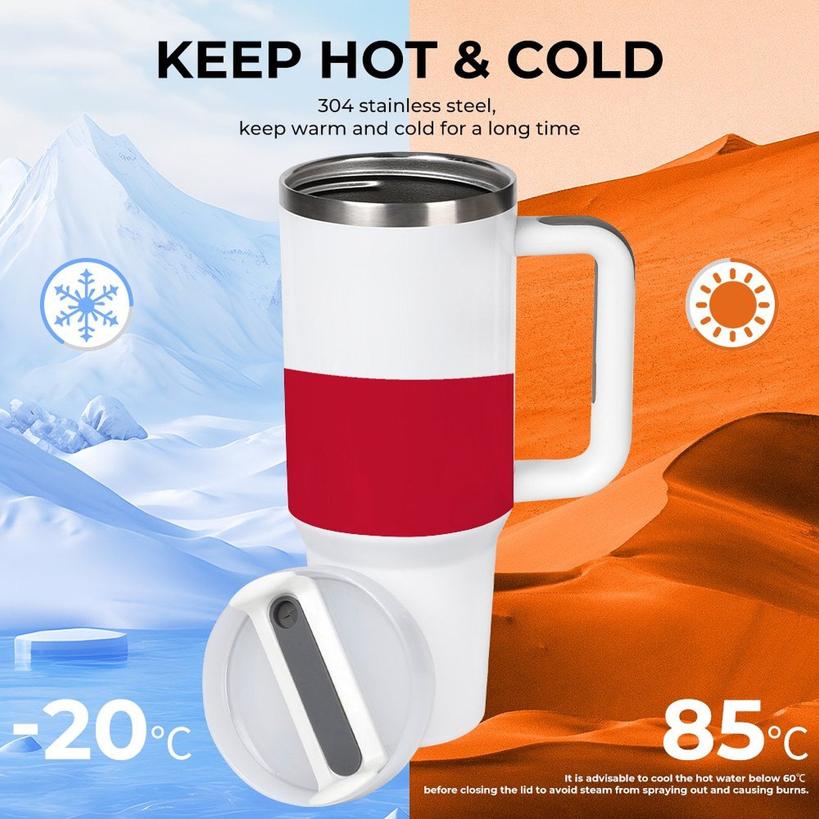 [Brand] thermos with handle, keeps drinks hot or cold.