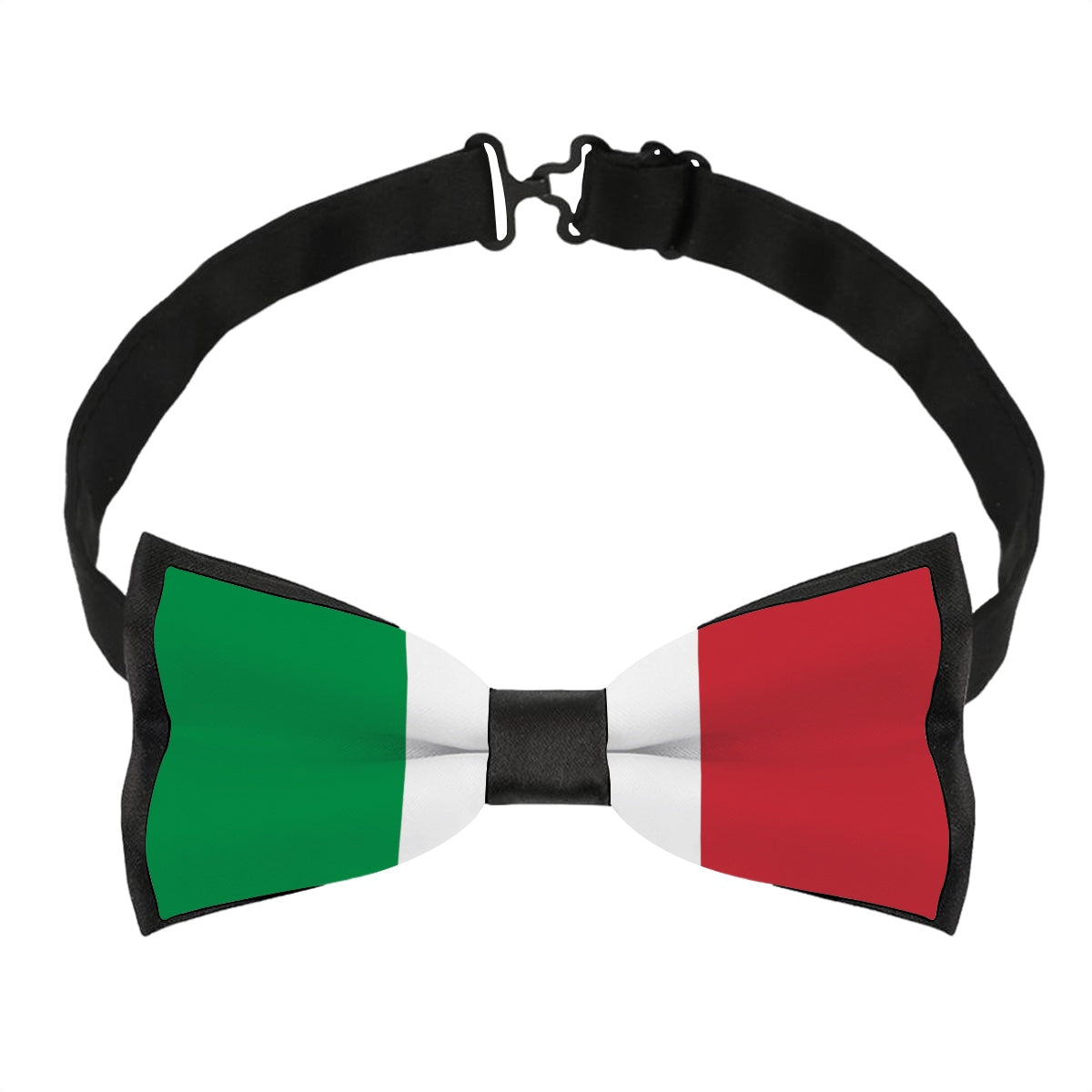 [Brand] bow tie features Italian flag colors: green, white, red.