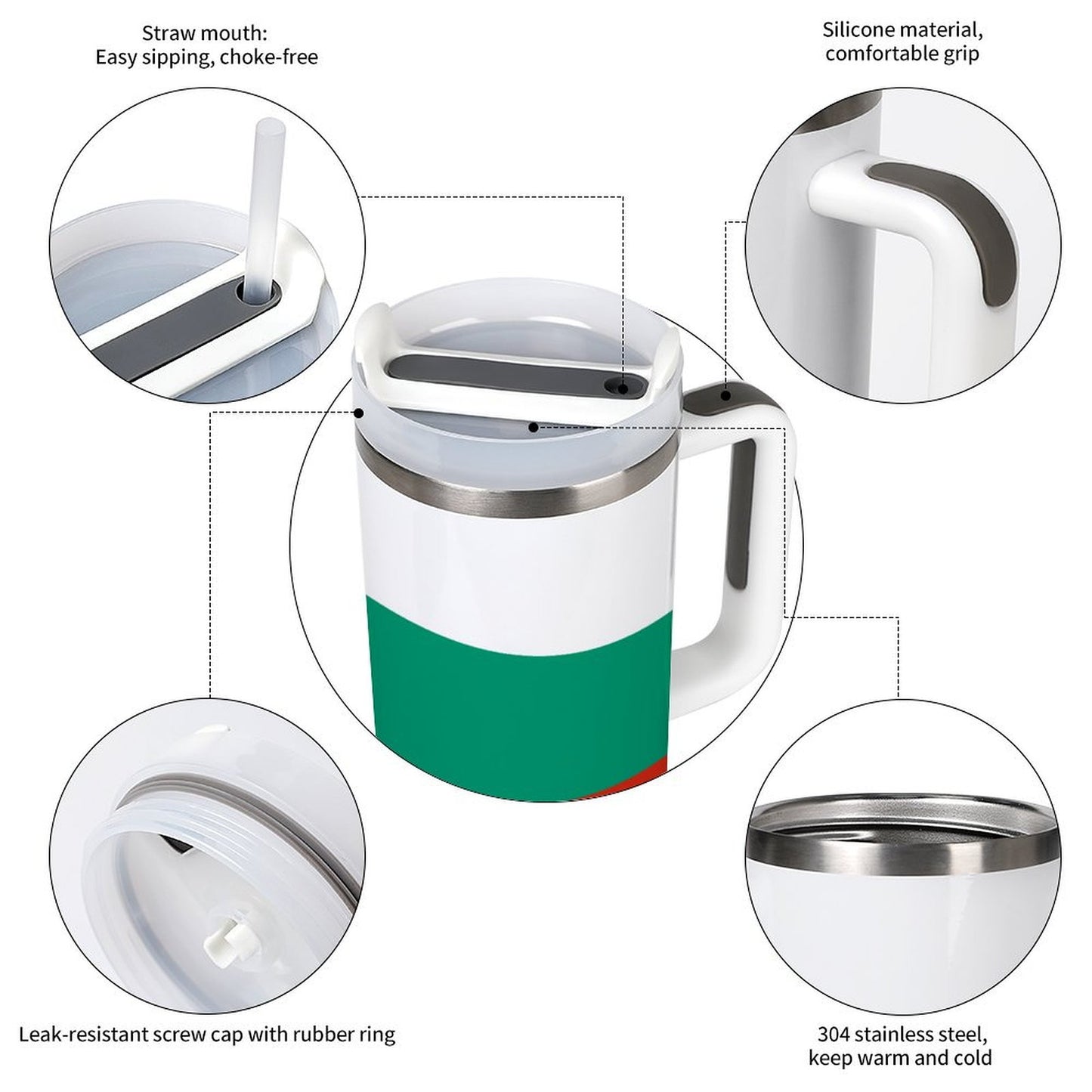 [Brand] tumbler with straw, silicone grip, and stainless steel.