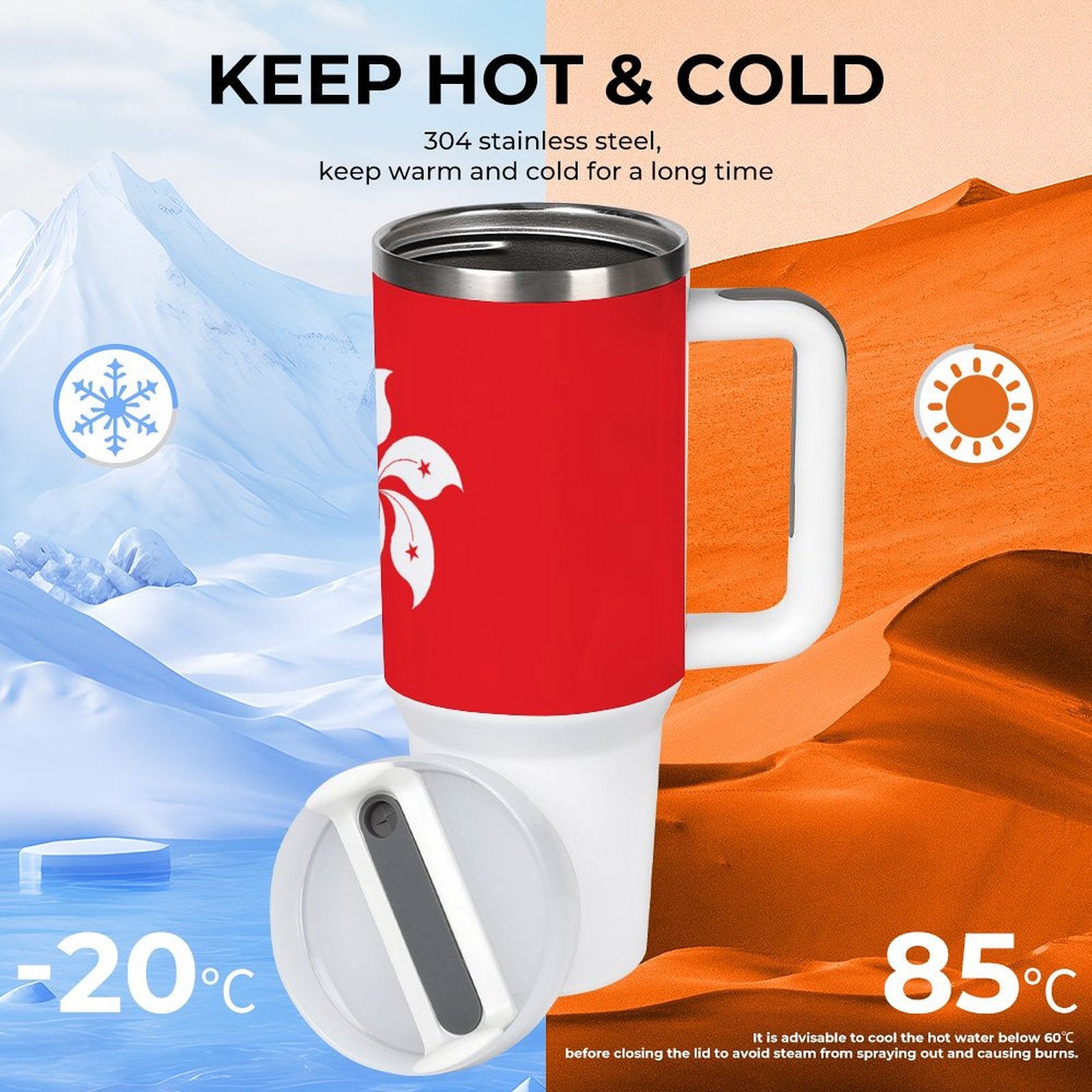 Red [Brand] thermos mug keeps drinks hot or cold.