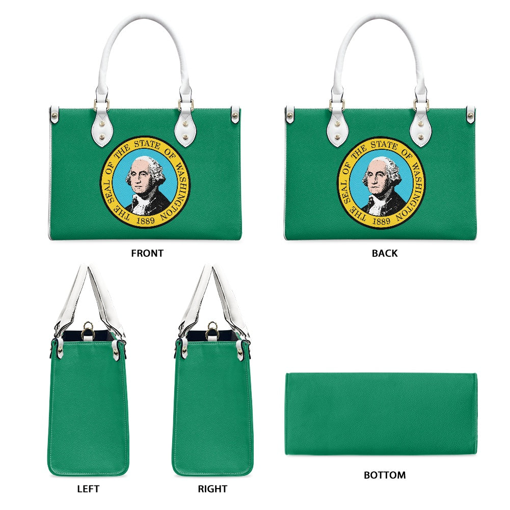 Green handbag with Washington state seal. [Brand] logo.