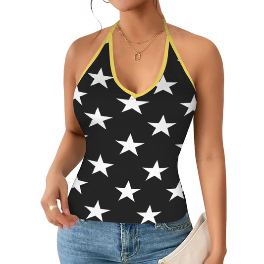 Thin Gold Line Flag Inspired V-neck Halter Open Back Tank Top