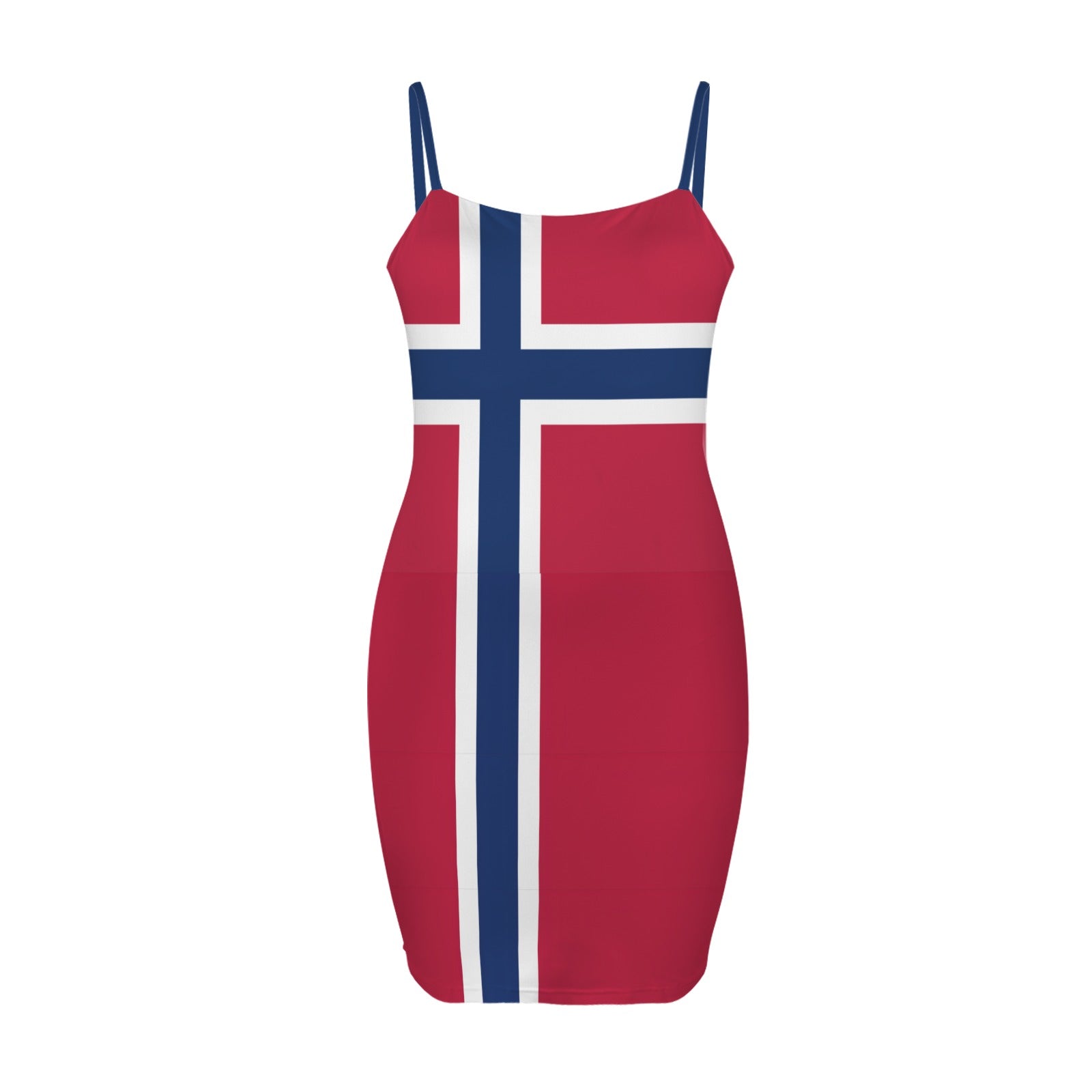Red dress with Norwegian flag design by [Brand].