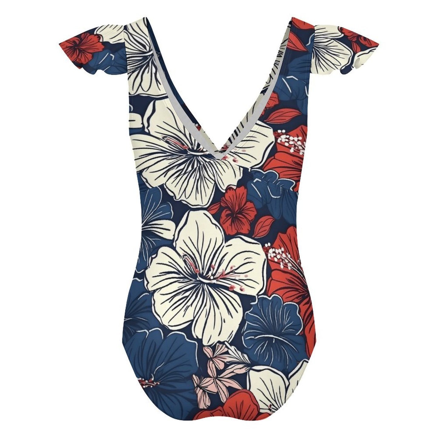 USA/American Flag Inspired Hawaiian Floral Pattern Women's V-neck Ruffle Sleeve One Piece Swimsuit