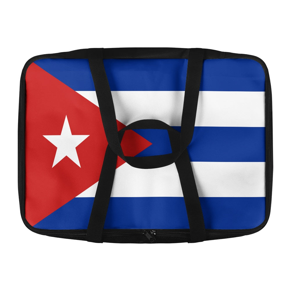 [Brand] bag featuring Cuban flag design with black straps.