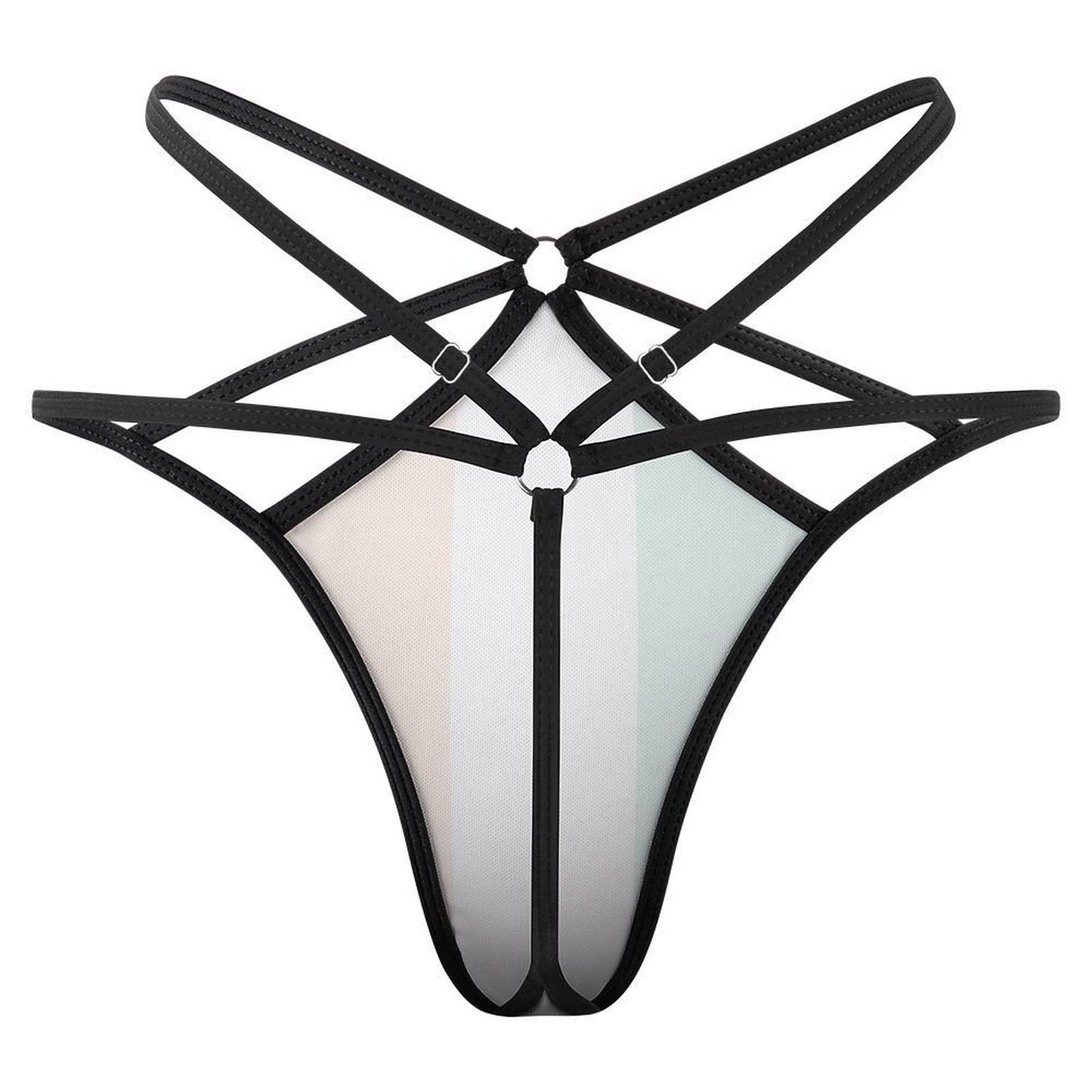 [Brand] strappy mesh lingerie in black, beige, white, mint.