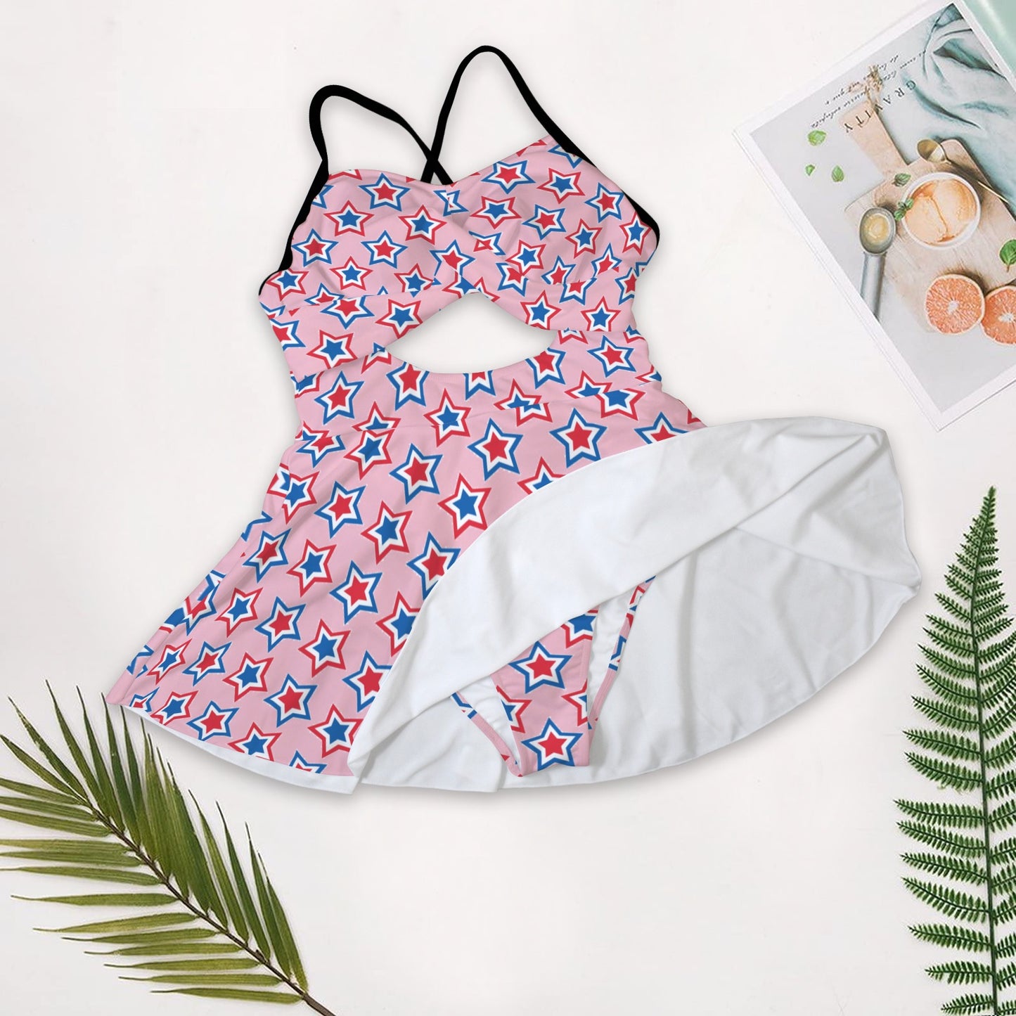 USA/American Flag Inspired Red, White & Blue Stars Pattern Pink Women's One-Piece Swimsuit with Cutout Crisscross Back