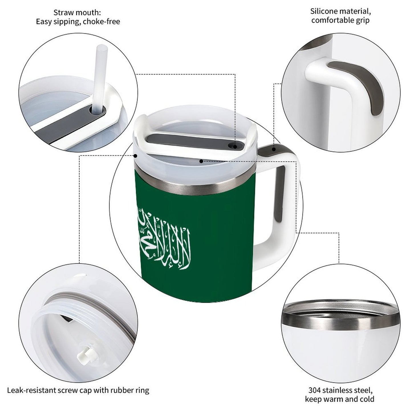 [Brand] insulated mug features straw, silicone grip, stainless steel.