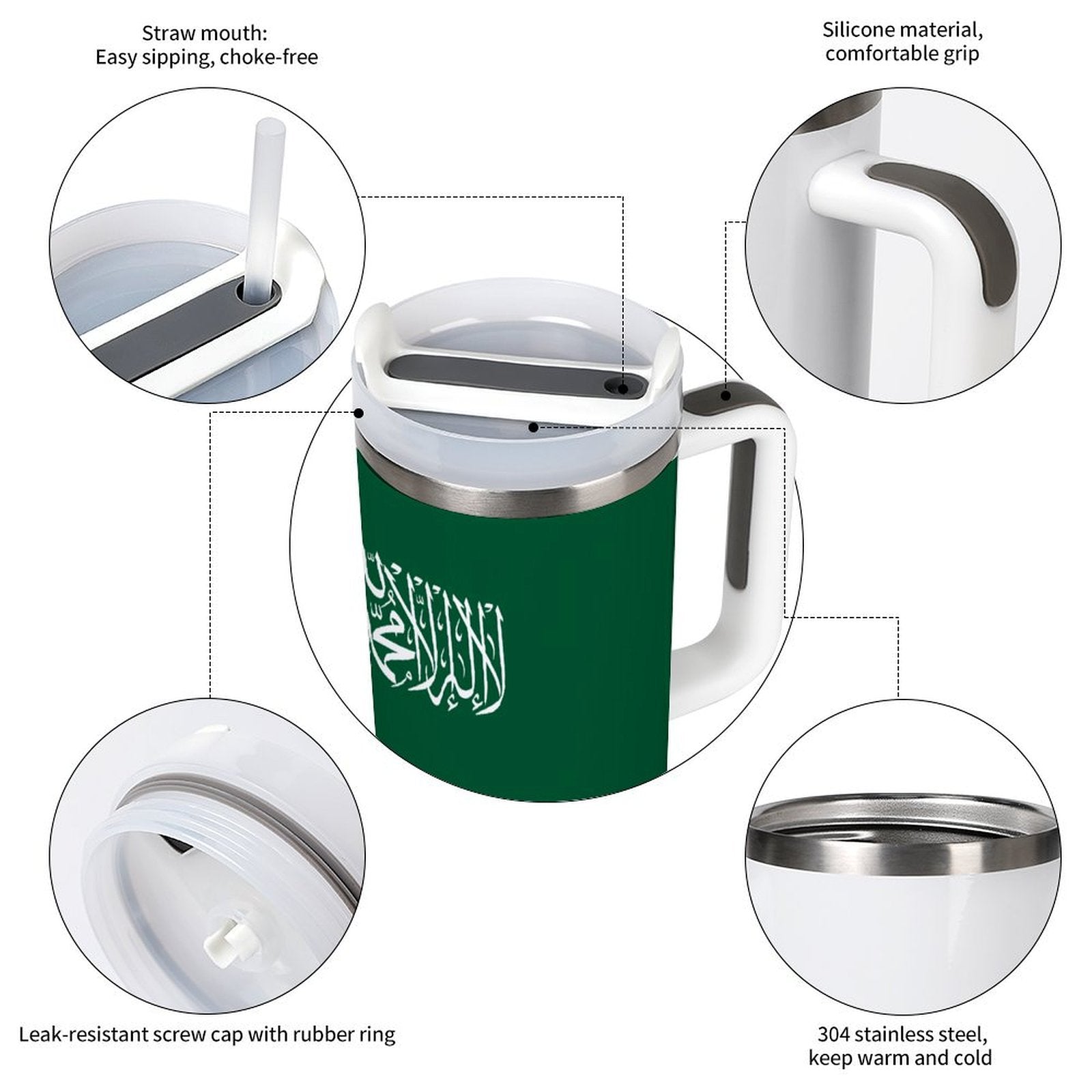 [Brand] insulated mug features straw, silicone grip, stainless steel.