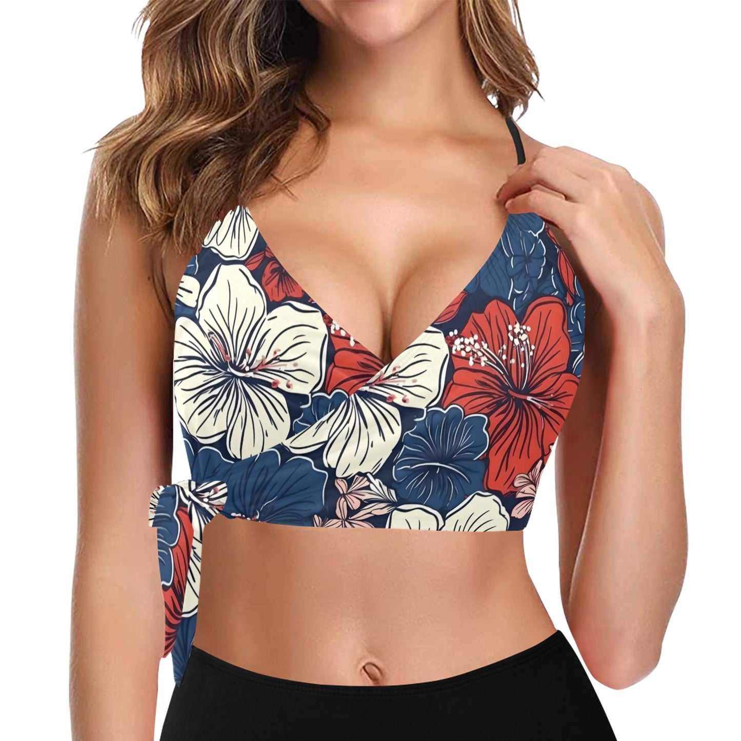 USA/American Flag Inspired Hawaiian Floral Pattern Knot Side Bikini Top