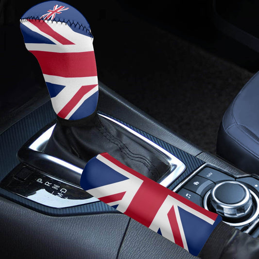 Car gear and brake covers with Union Jack pattern. [Brand]