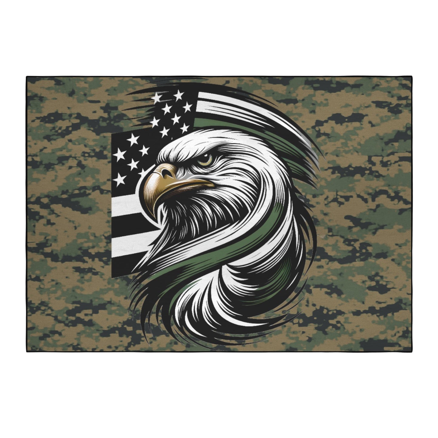 Thin Green Line Flag Inspired Eagle on Digital Camo 84x60 Inch Area Rug with Black Binding (Made in the USA)