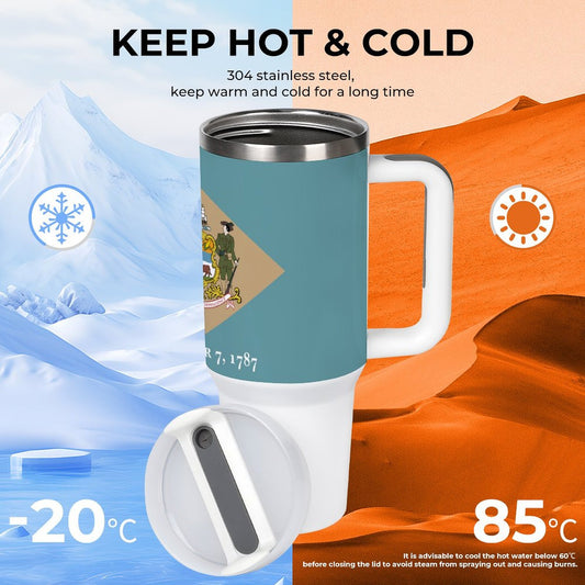 [Brand] thermal mug showcasing temperature versatility from -20°C to 85°C.