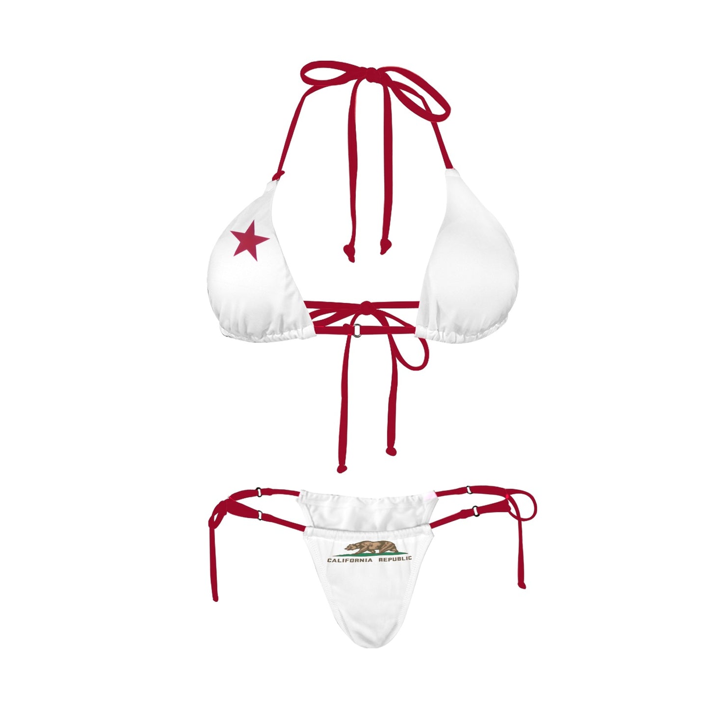 White bikini with red straps, California flag design, [Luv My Flag].