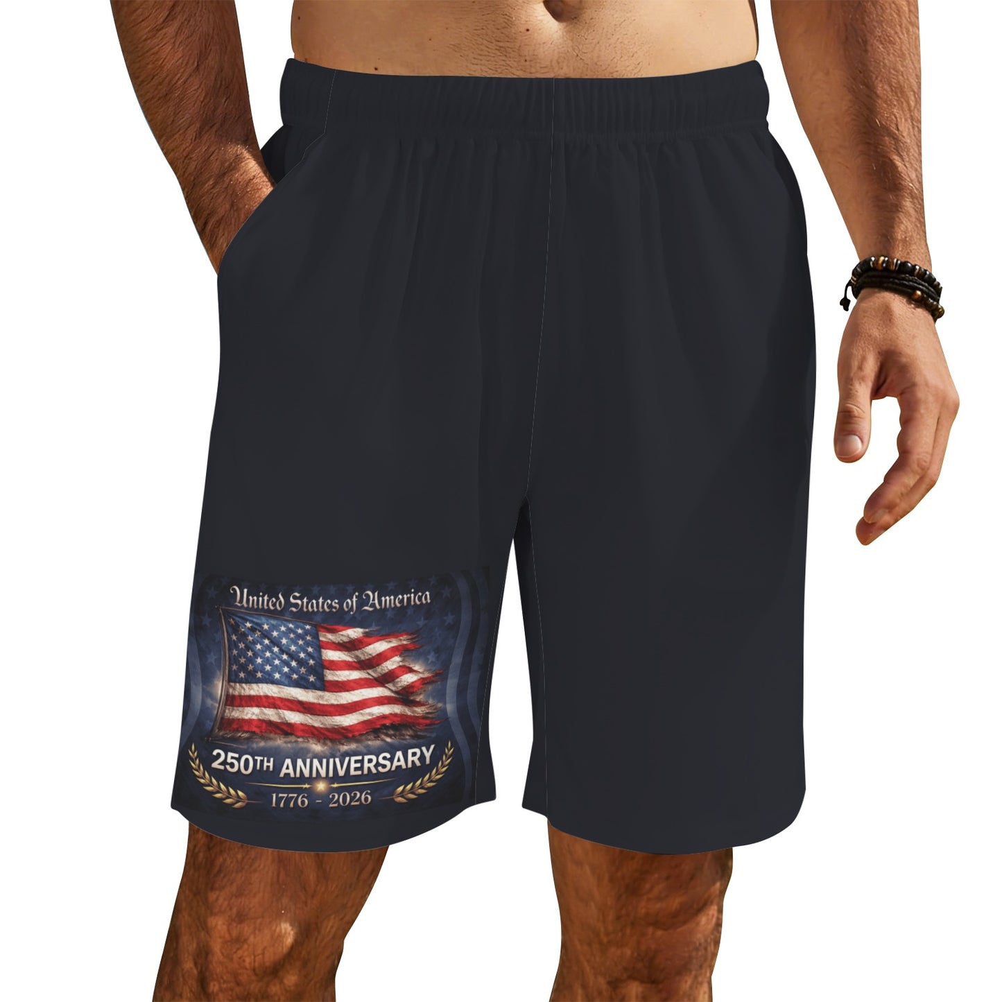 250 YEAR ANNIVERSARY USA/American Flag Inspired Men’s Draw String Pocket Beach Shorts Printed in the USA