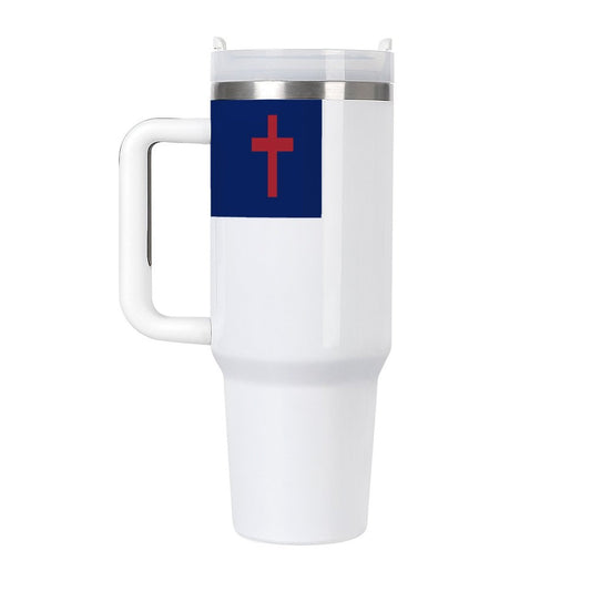 White travel mug featuring red cross, blue background, [Brand].