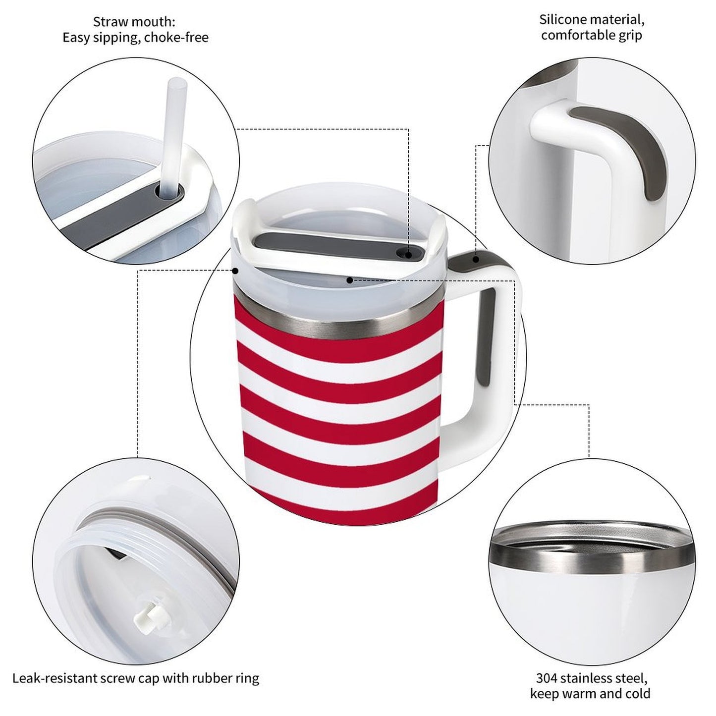 [Brand] tumbler featuring red stripes, silicone grip, stainless steel.