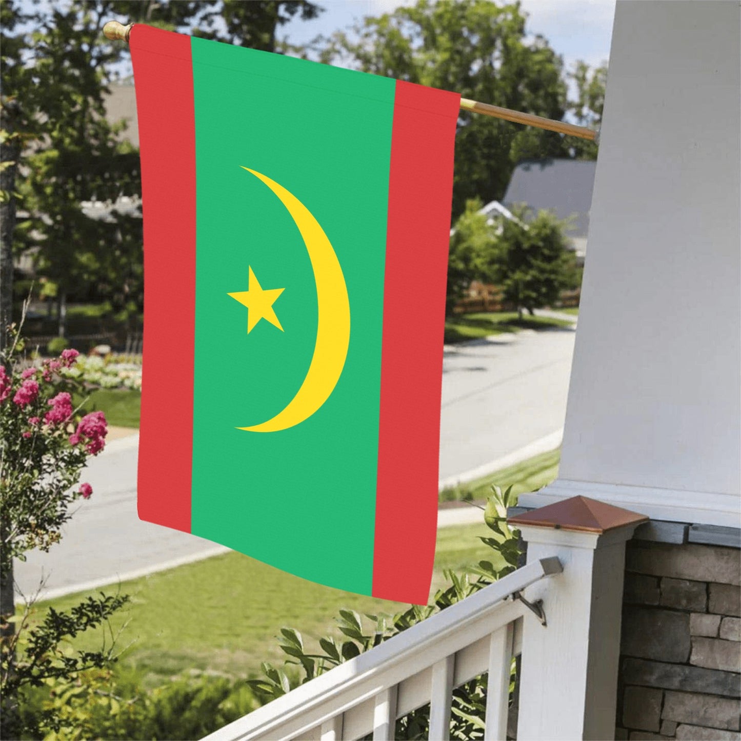 [Luv My Flag] Mauritania flag displayed on suburban porch.