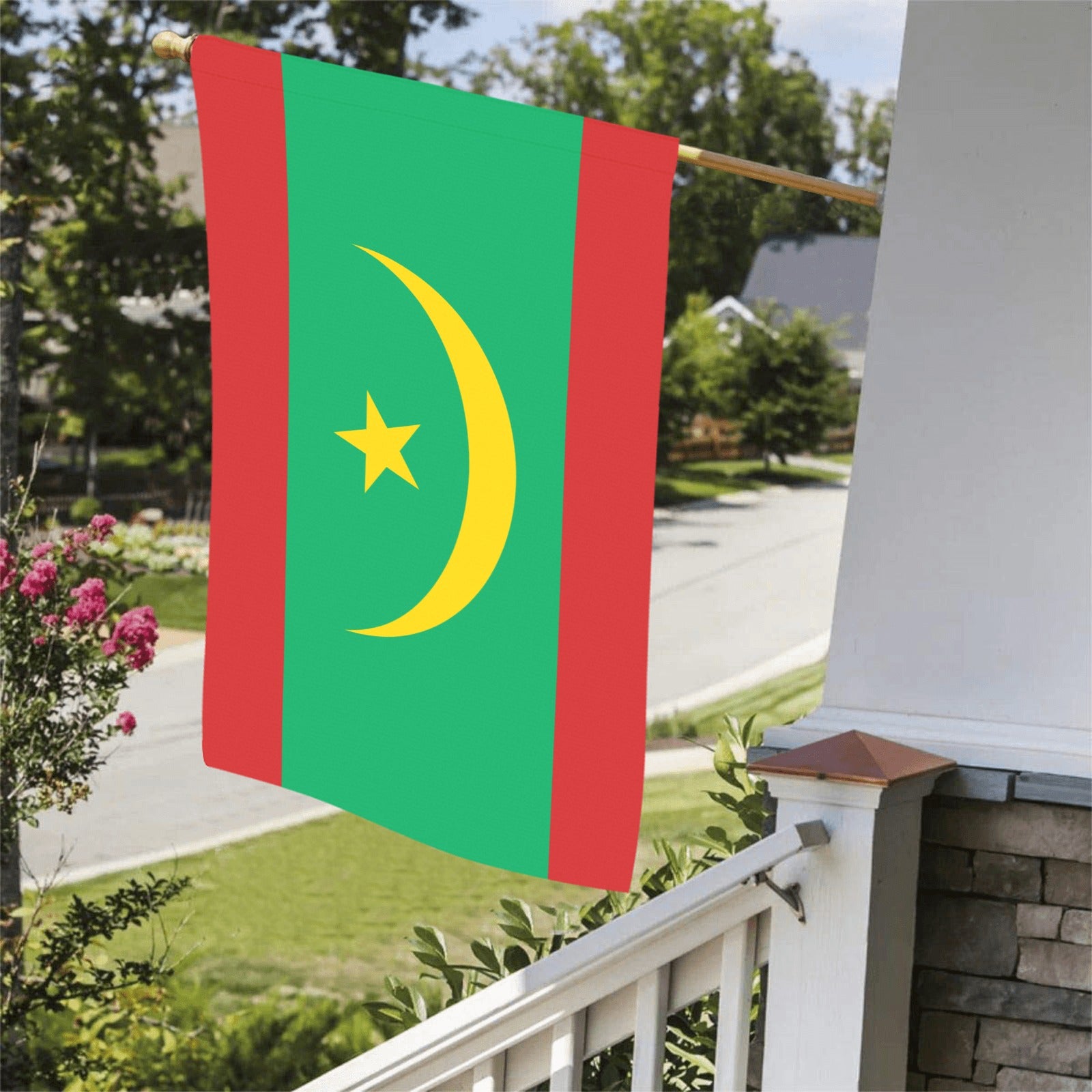 [Luv My Flag] Mauritania flag displayed on suburban porch.