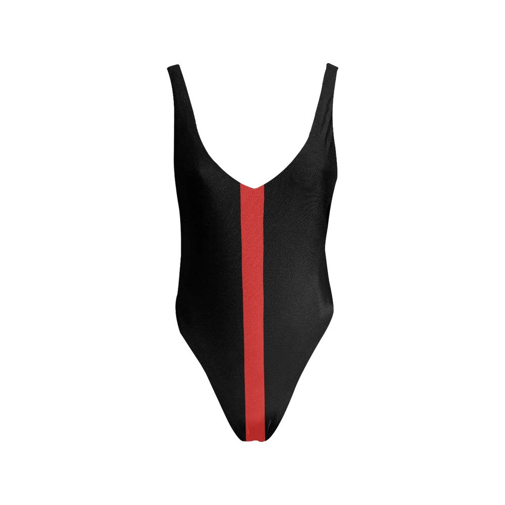 Thin Red Line Flag Inspired Women’s Backless One-Piece Swimsuit