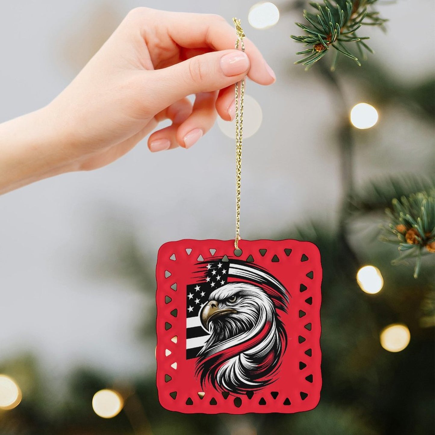 Thin Red Line Flag Inspired Eagle Square Ceramic Ornament Made in the USA