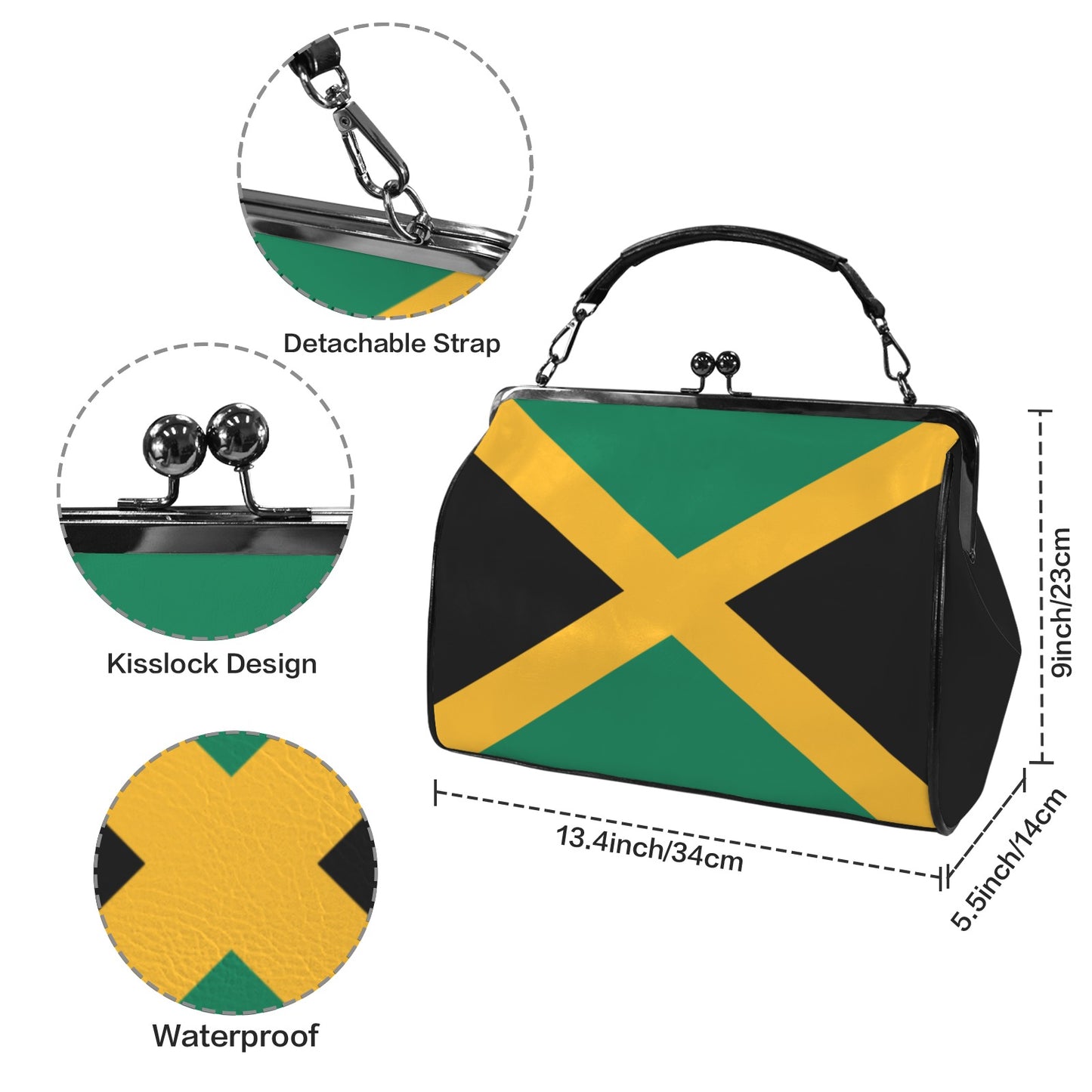 Jamaica Flag Inspired Kisslock Crossbody Shoulder Bag-Large