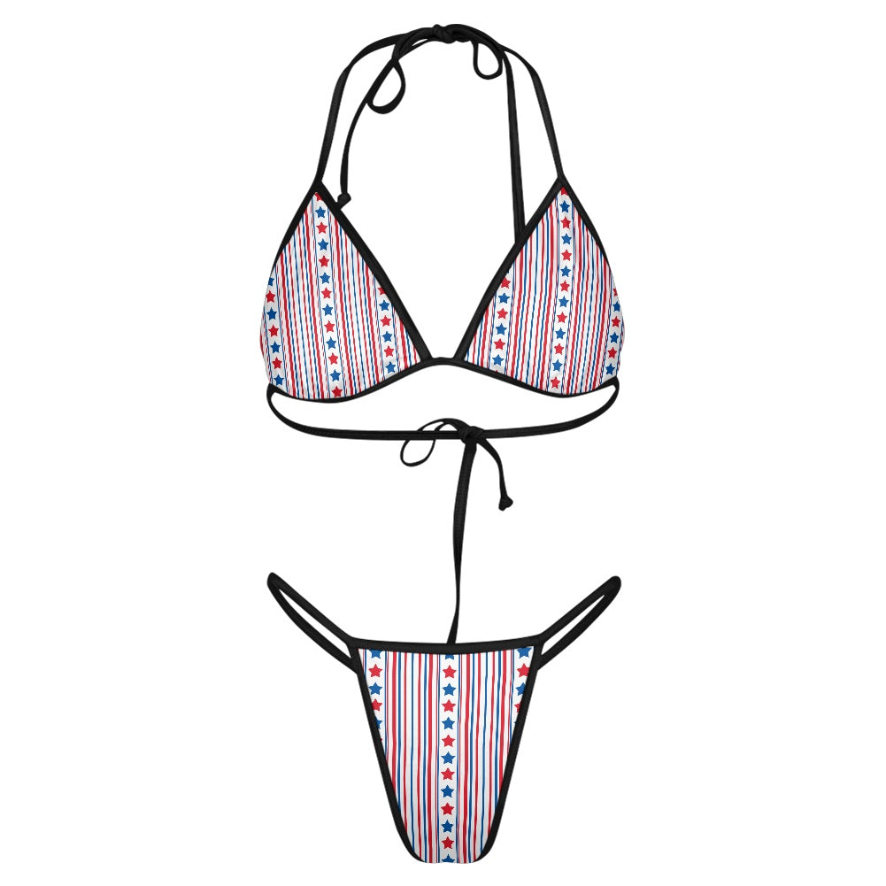 USA/American Flag Inspired Stars & Stripes Pattern Women's Triangle Bikini with Thong Bottom