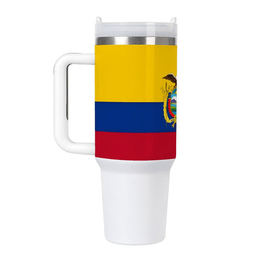 White travel mug displaying Ecuador flag pattern by [Brand].