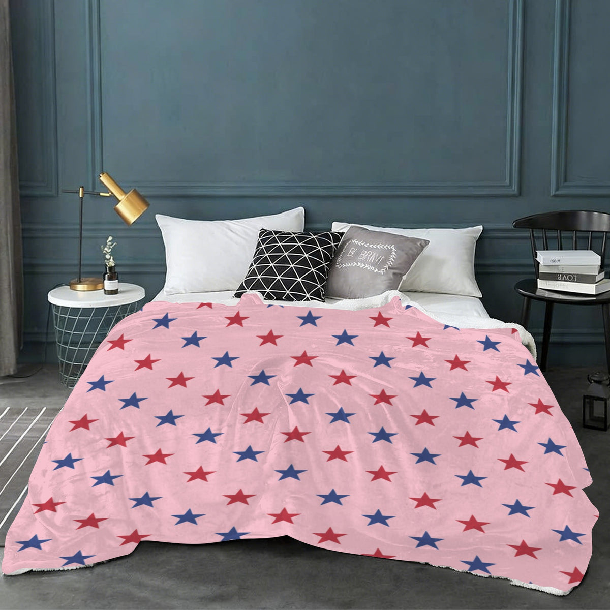 USA/American Flag Inspired Red and Blue Stars on Pink Sherpa Fleece Blanket 90" x 108" | Prtinted in the USA
