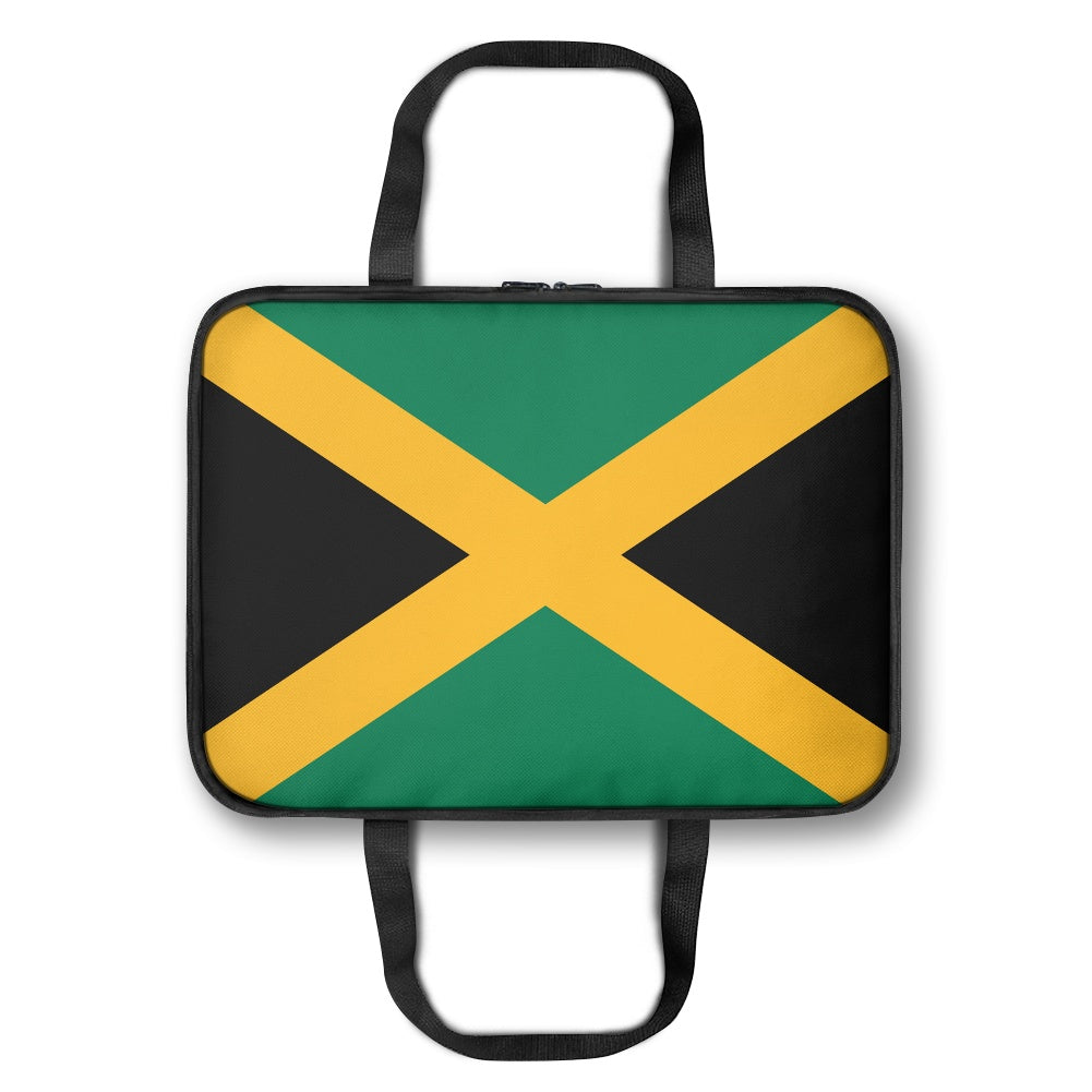 [Brand] laptop sleeve featuring Jamaican flag design, two handles.