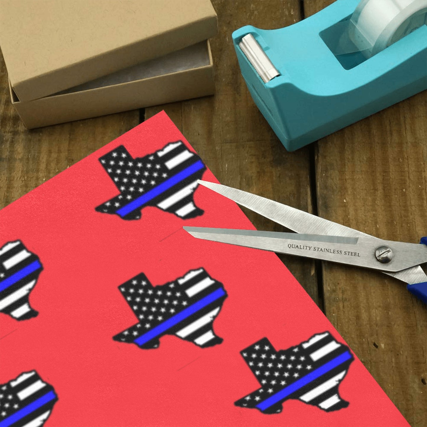 Thin Blue Line Flag Inspired Texas Shape Custom Gift Wrapping Paper 58"x 22.5" (4 Rolls)