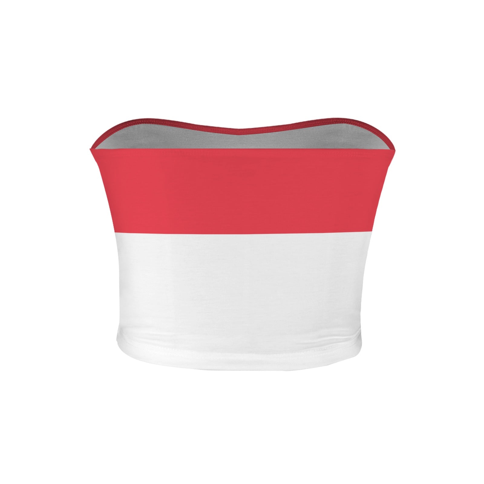 [Brand] red and white strapless band top on display.