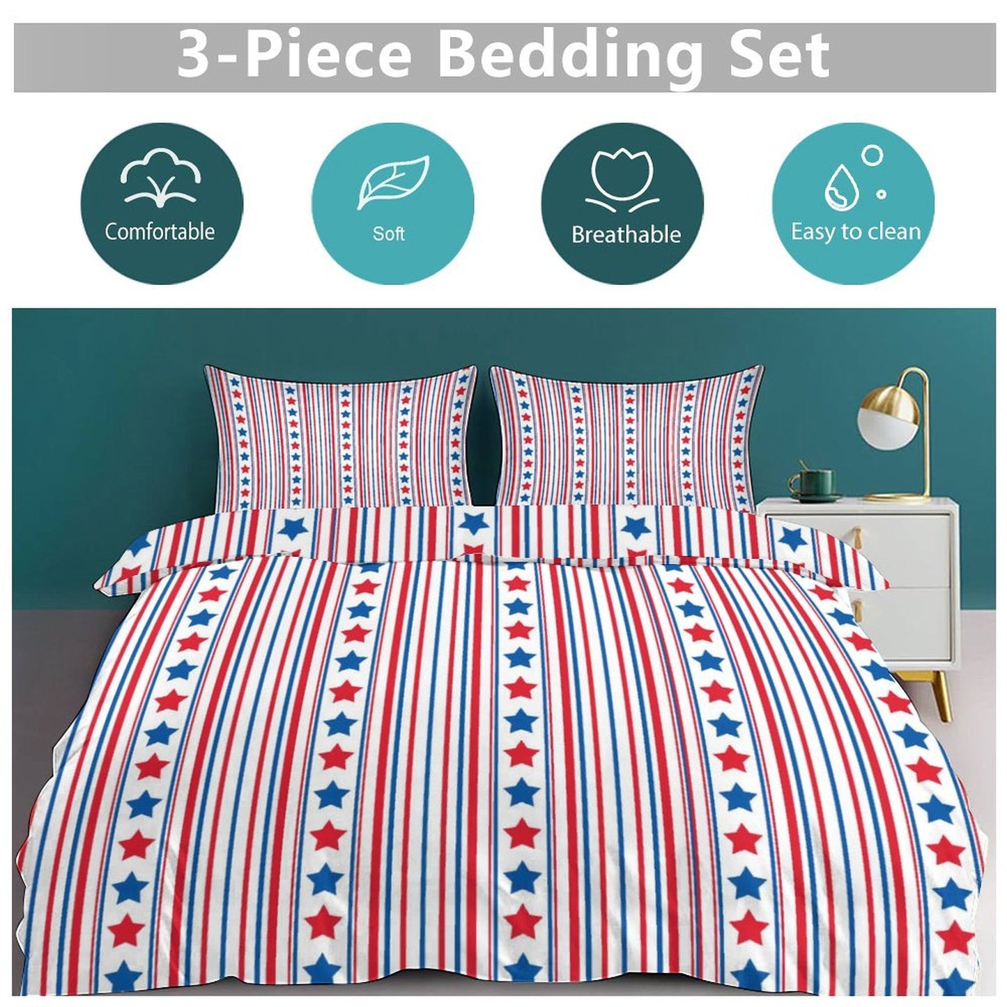 USA/American Flag Inspired Stars and Stripes Pattern 3-Piece Bedding Set (1 Duvet Cover + 2 Pillow Shams) – 102"×90"