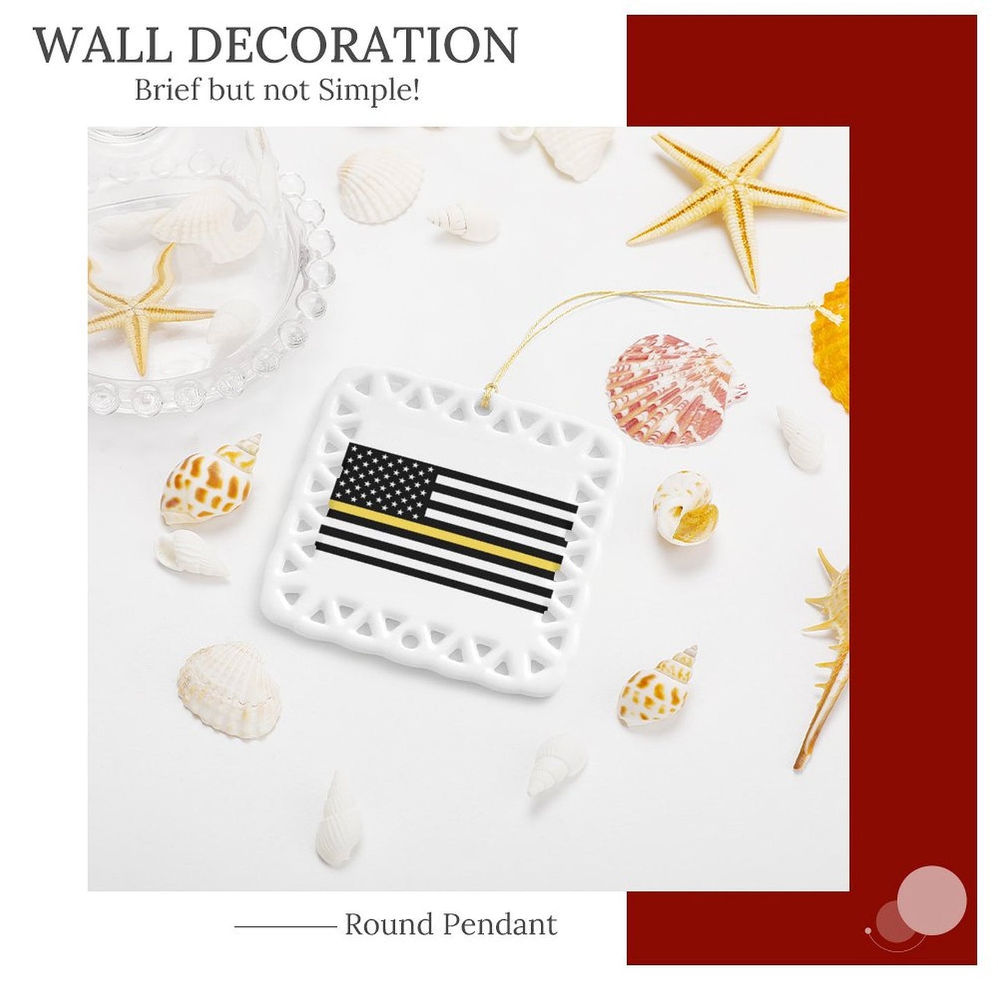 Thin Gold Line Flag Inspired Square Ceramic Ornament (Made in the USA)