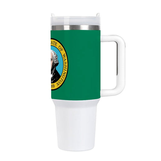 [Brand] mug with Washington State emblem, green and white.