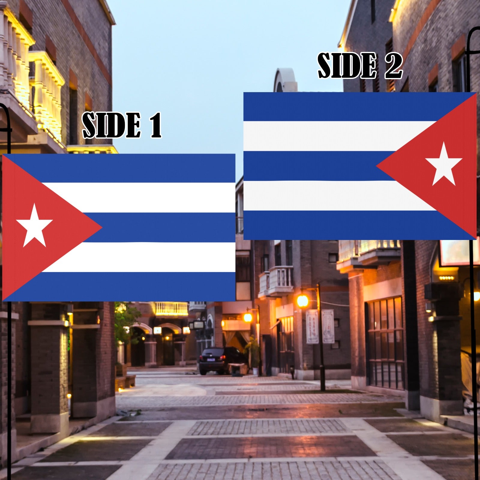 City street displaying [Luv My Flag] Cuban flags both sides.