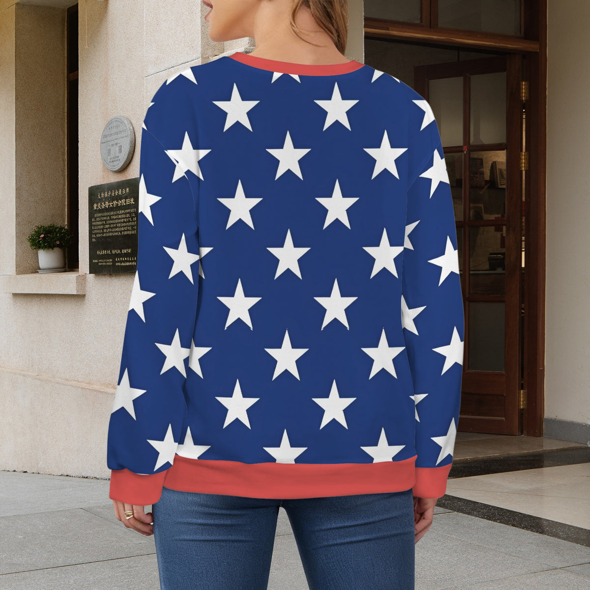 USA/American Flag Inspired Women's Crew Neck Sweater Style-2 Printed in the USA