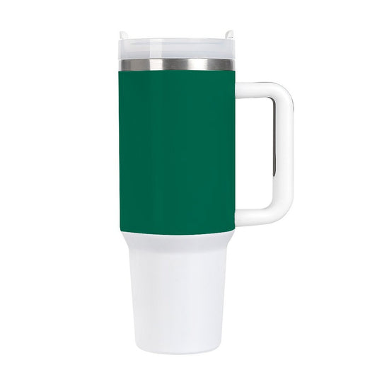 [Brand] insulated travel mug with handle, green and white.